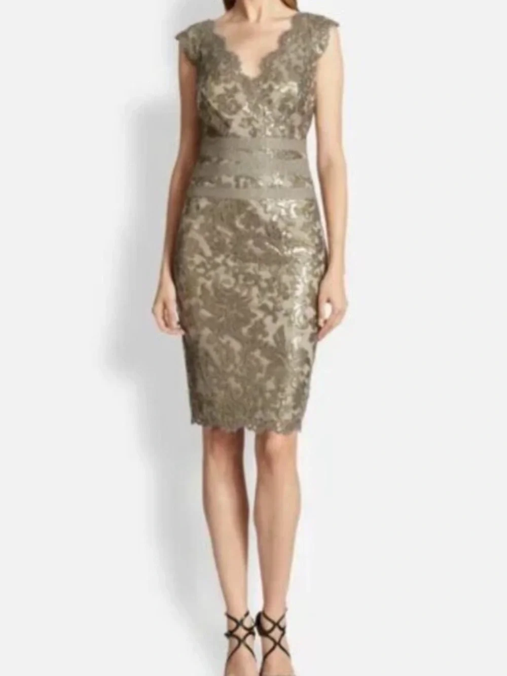 Tadashi Shoji Gold Sequin & Lace Cocktail Dress Sz 6